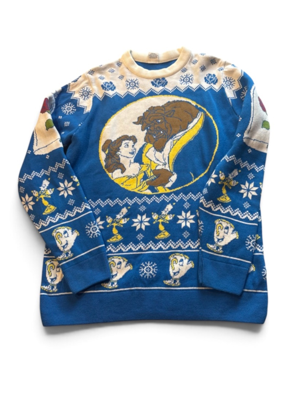 Disney Beauty and the Beast Sweater Medium Christmas Chip Belle Ugly Blue White